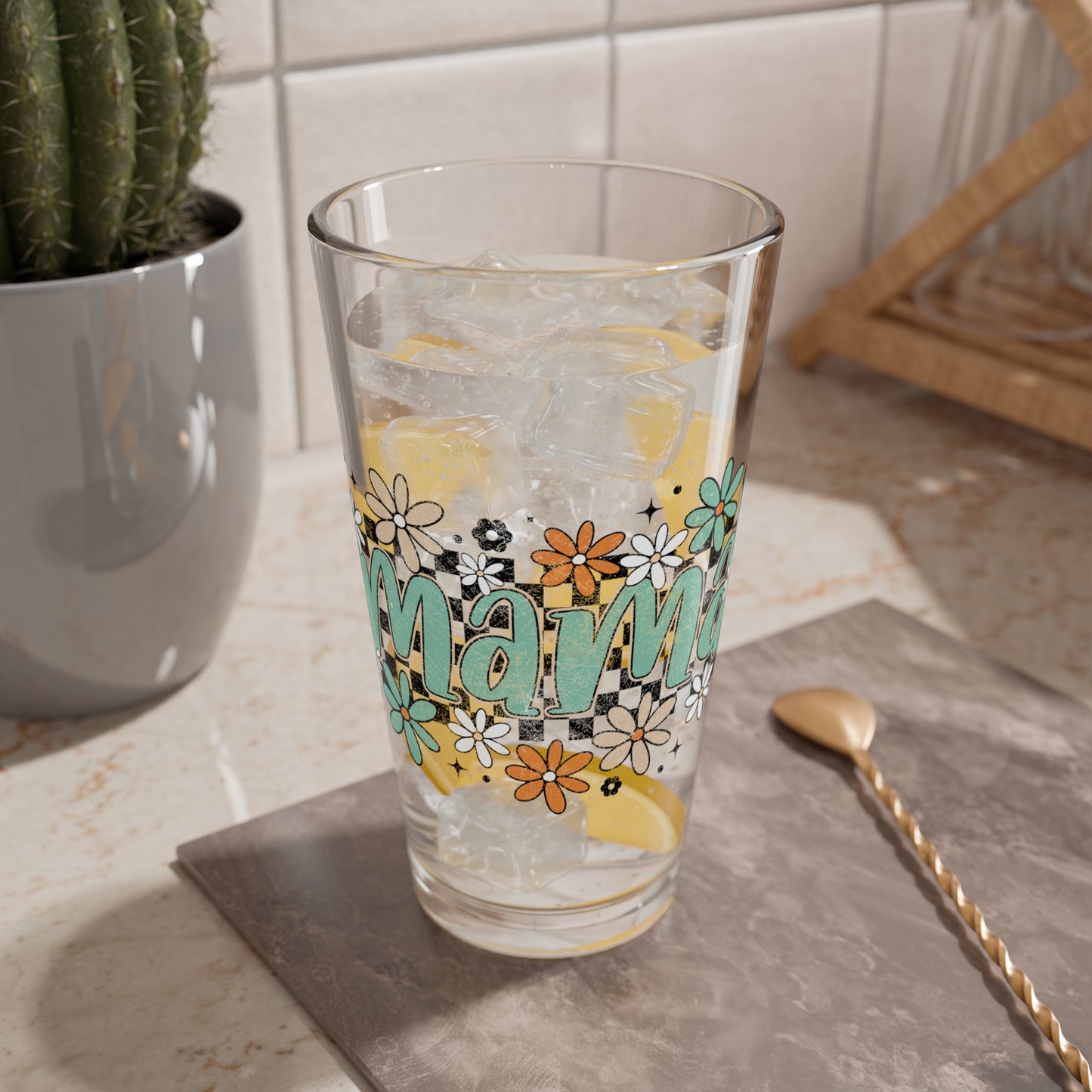 Mama Floral Script Mixing Glass | 16oz Flower Pattern Pint Glass