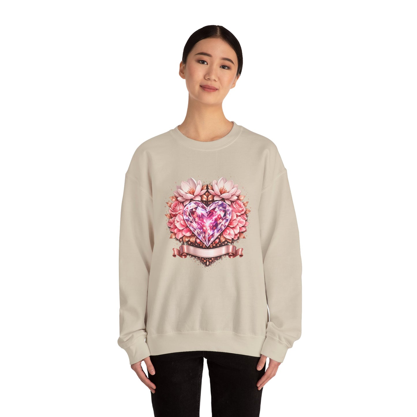 Crewneck Sweatshirt — Pink Gem Heart Floral Design