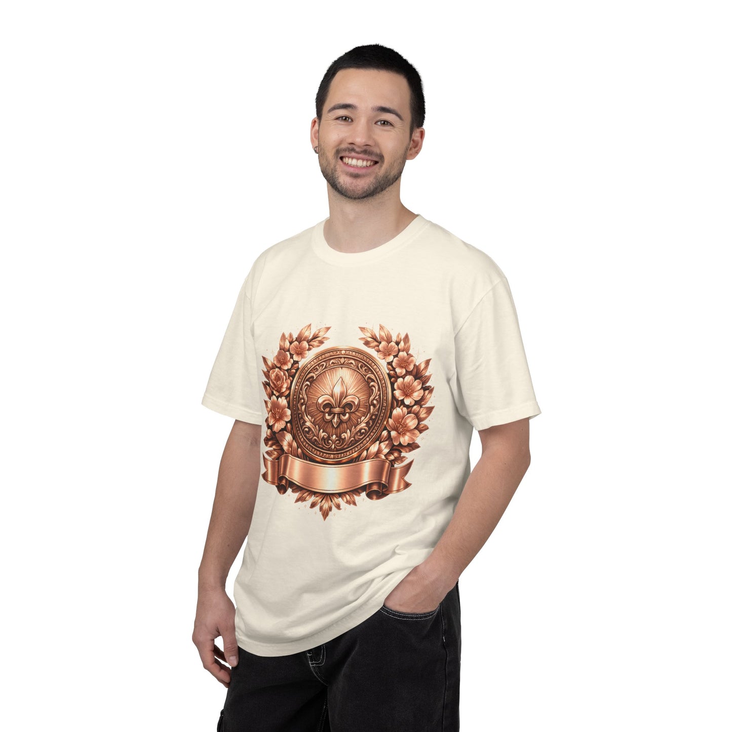 Vintage Fleur-de-Lis Crest T-Shirt — Bronze Laurel Emblem Tee
